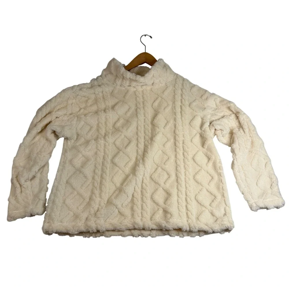 Eddie Bauer Womens XL Cream Sherpa Fleece Cable Knit Embossed Mock Neck Pullover